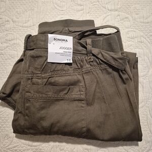 Sonoma women's size 16 pants, Olive, tie waist, high rise utility jogger style